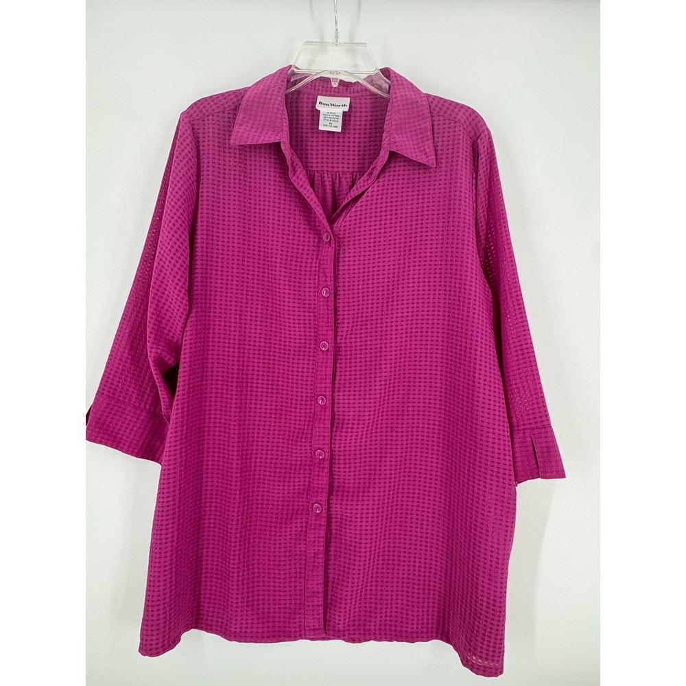 Bon‎ Worth Womens Top Medium Purple Button Down 3/4 Sleeve Tunic Blouse
